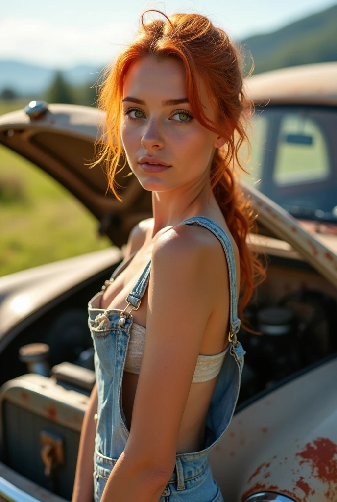 A stunning 20-year-old girl with fiery red locks tied back in a ponytail, wears frayed dungarees that showcase her luscious, unadorned breasts beneath. Her dirty face glistens with beads of sweat as she stands confidently beside the vintage car's open hood, its engine exposed. Soft afternoon light illuminates her radiant features and delicate fingers, set against the warm, sun-kissed backdrop. 