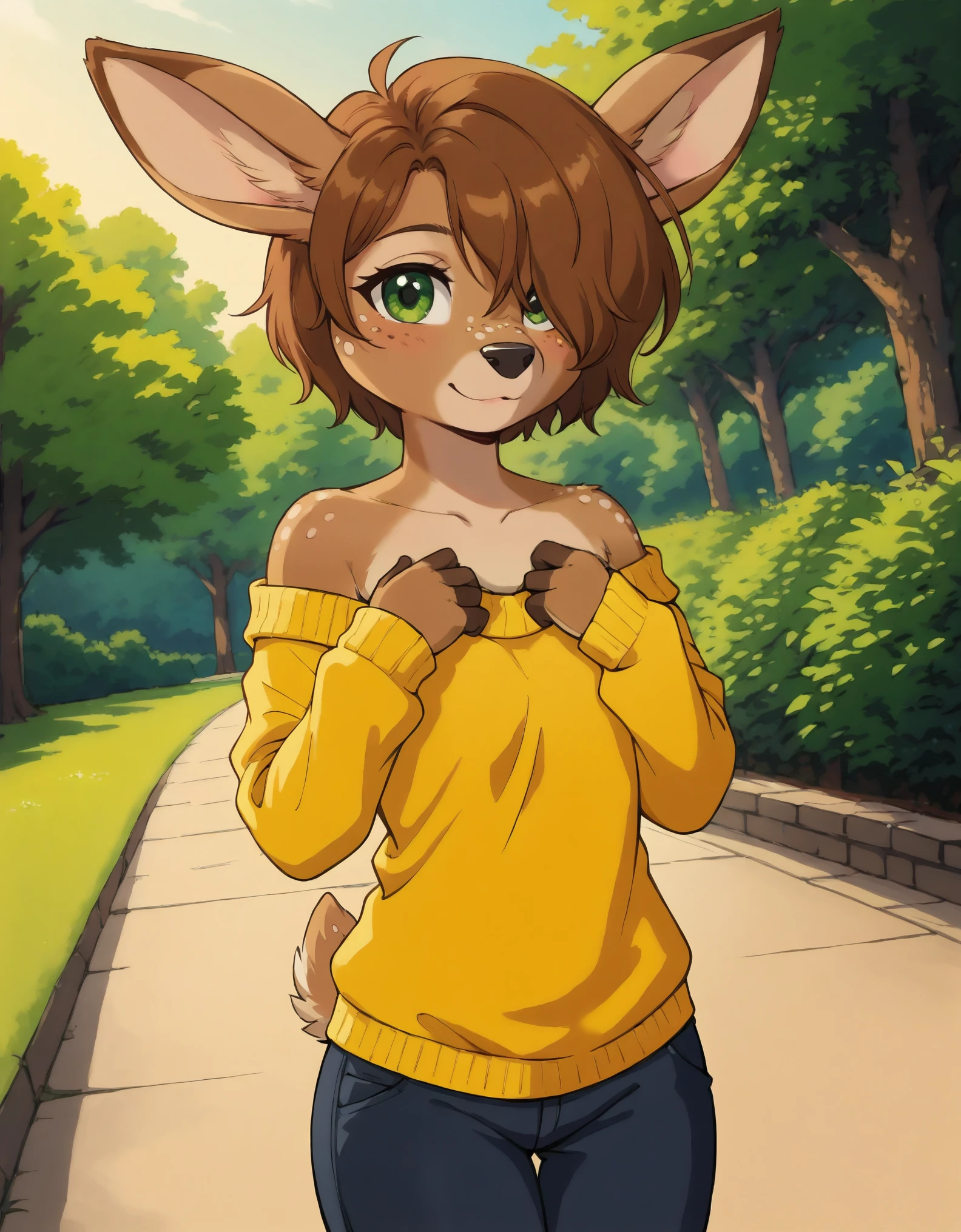 Solo, 1girl, female, adult, lotte, deer girl, furry female, body fur, animal nose, snout, animal ears, green eyes, brown hair, short hair, freckles, cute face, perfect anatomy, detailed skin, detailed eyes, perfect hands, perfect face, small breast, hair over one eye, BREAK sweater, long sleeves, off-shoulder shirt, pants, BREAK outdoors, park, colorful, sunset, looking at viewer, dutch angle, BREAK ultra-detailed, best quality,best quality, beautiful eyes, extremely detailed, 4K, (8K), best quality, (beautiful), Master piece, highres, score_9, score_8_up, score_7_up, colorful, best quality, official art, highres, masterpiece, nai3, god light, detailed background, high quality background, very aesthetic, absurdres, 