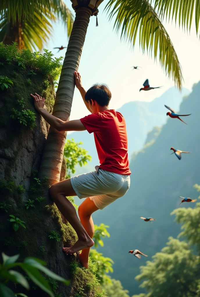 (photorealism: 1.2), young man, climbing areca palm trees, wearing red t-shirt, white shorts, straight hair, outdoors, soft lighting, plant and mountain background, many birds flying, realistic, intricate details, colorful cool.
