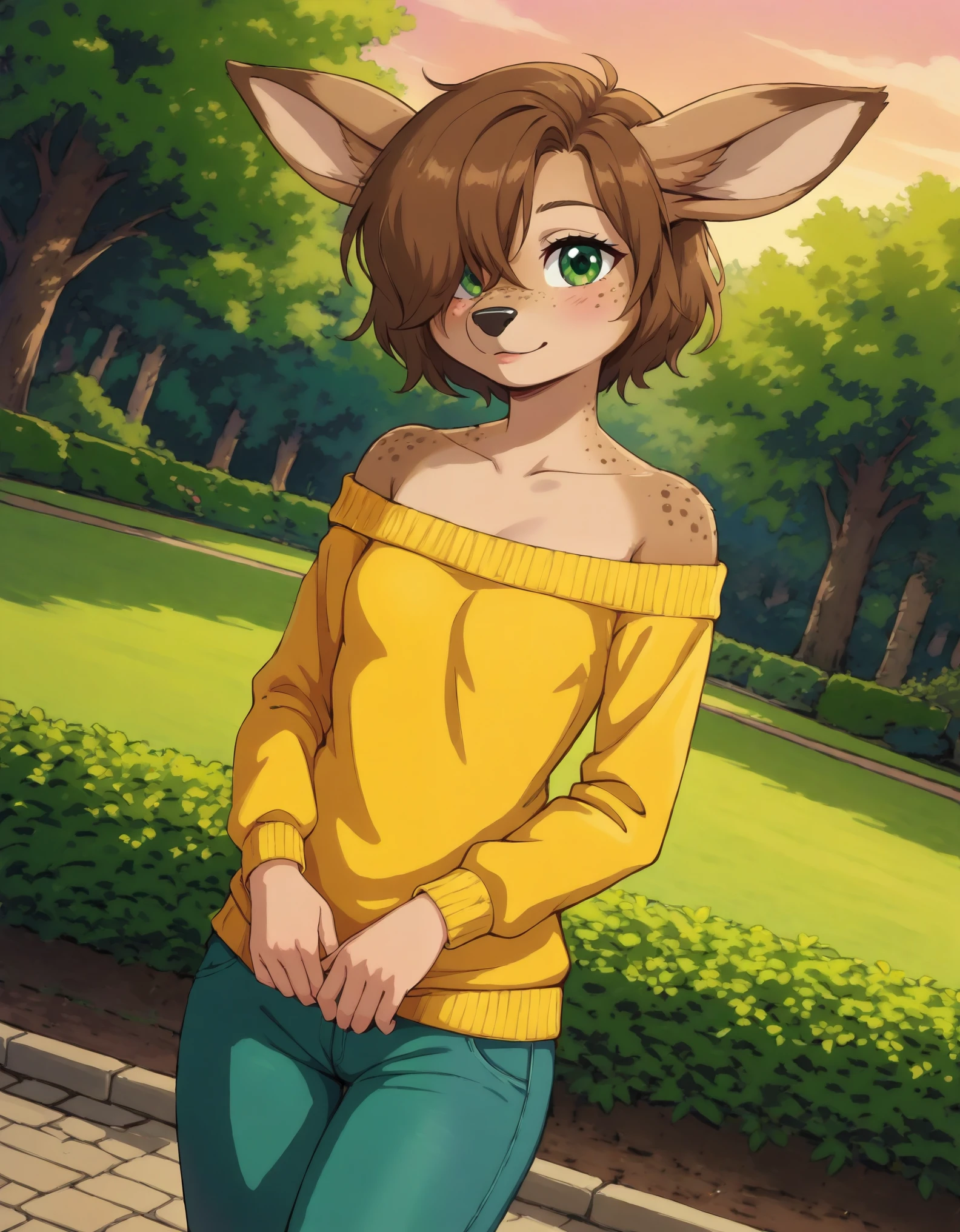 Solo, 1girl, female, adult, lotte, deer girl, furry female, body fur, animal nose, snout, animal ears, green eyes, brown hair, short hair, freckles, cute face, perfect anatomy, detailed skin, detailed eyes, perfect hands, perfect face, small breast, hair over one eye, BREAK sweater, long sleeves, off-shoulder shirt, pants, BREAK outdoors, park, colorful, sunset, looking at viewer, dutch angle, BREAK ultra-detailed, best quality,best quality, beautiful eyes, extremely detailed, 4K, (8K), best quality, (beautiful), Master piece, highres, score_9, score_8_up, score_7_up, colorful, best quality, official art, highres, masterpiece, nai3, god light, detailed background, high quality background, very aesthetic, absurdres, 