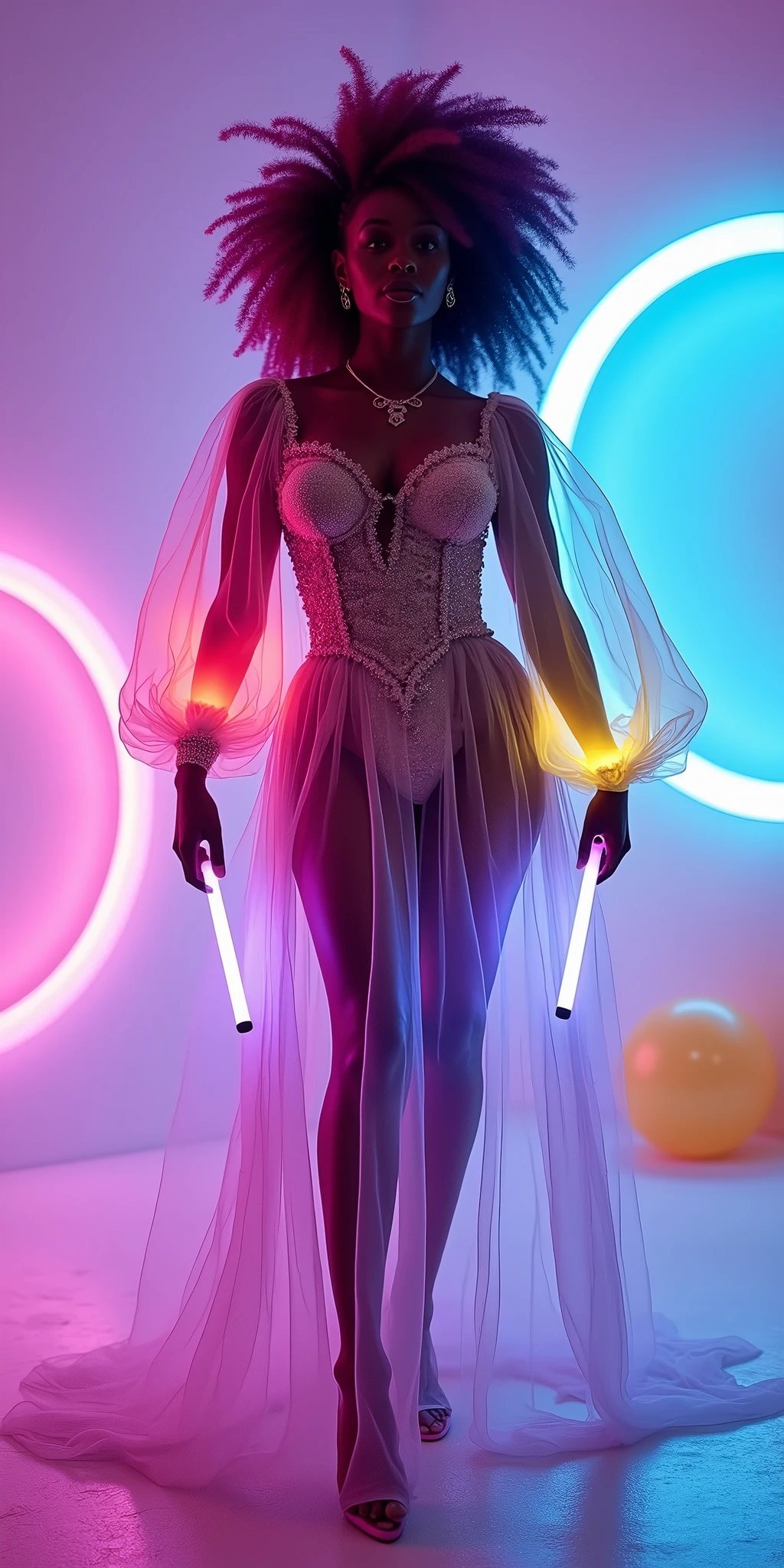 objective: (), a dark skin Moor beauty GODDESS with insane HUGE ass:2, Womancore, insanely long neon wavy mohawk, UHD, tiny waist:2, A (bottom-heavy, superior) body part, (sharp focus:2), wearing translucent gown, thick legs, holding neon sticks, big widespread hips, trending on DynastySeries. dimly lit (light pastels gradient) room with neon blue ring. tiniest waist, body lit, AfroWestern, with lots of bio-translucent violet and yellow inflatable parts and and puffy sleeves, #HyperAss #BottomHeavy #WideHips #HugeAss, no nudity