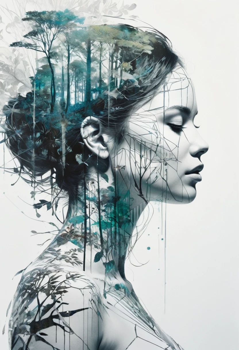 Double exposure, solid white background, mysterious silhouette of a forest woman, by Minjae Lee, Carne Griffiths, Emily Kell, Geoffroy Thoorens, Aaron Horkey, Jordan Grimmer, Greg Rutkowski, incredible depth, Masterpiece artwork, surreal, geometric patterns, intrincately detailed, bokeh, perfect balanced, thin, deep edges, artistic photorealism , Soft, great Masterpiece artwork by head of prompt engineering 