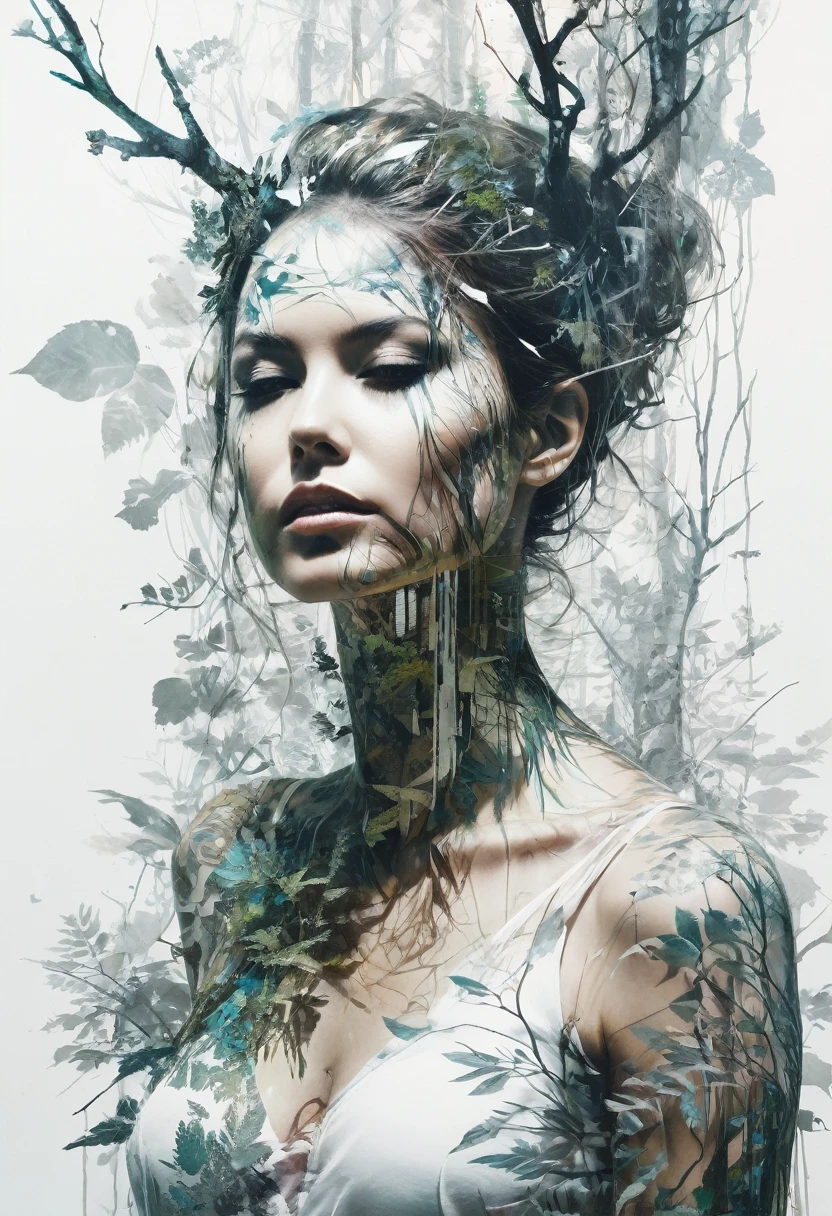 Double exposure, solid white background, mysterious silhouette of a forest woman, by Minjae Lee, Carne Griffiths, Emily Kell, Geoffroy Thoorens, Aaron Horkey, Jordan Grimmer, Greg Rutkowski, incredible depth, Masterpiece artwork, surreal, geometric patterns, intrincately detailed, bokeh, perfect balanced, thin, deep edges, artistic photorealism , Soft, great Masterpiece artwork by head of prompt engineering