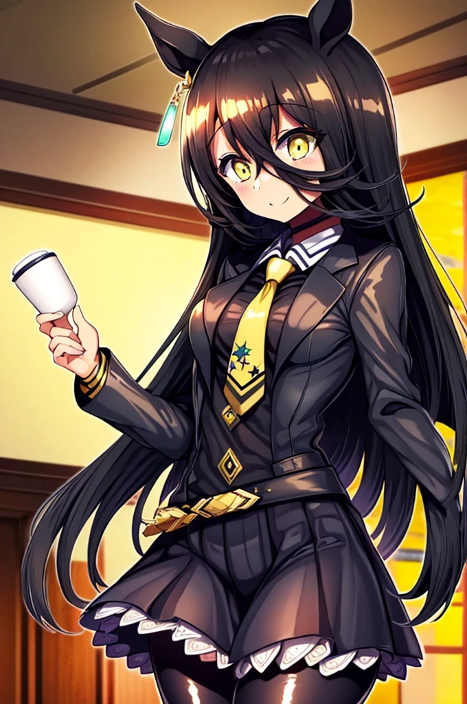 masterpiece, Highest quality:1.2), Manhattan Cafe(umamusume), One Woman, alone,Glowing Skin、Yellow Eyes、Eyes without highlights、Thick legs、Are standing、Cowboy Shot、smile、latex、Shiny black skirt, Shiny black business shirt、Shiny yellow tie, Glossy black jacket,pantyhose、