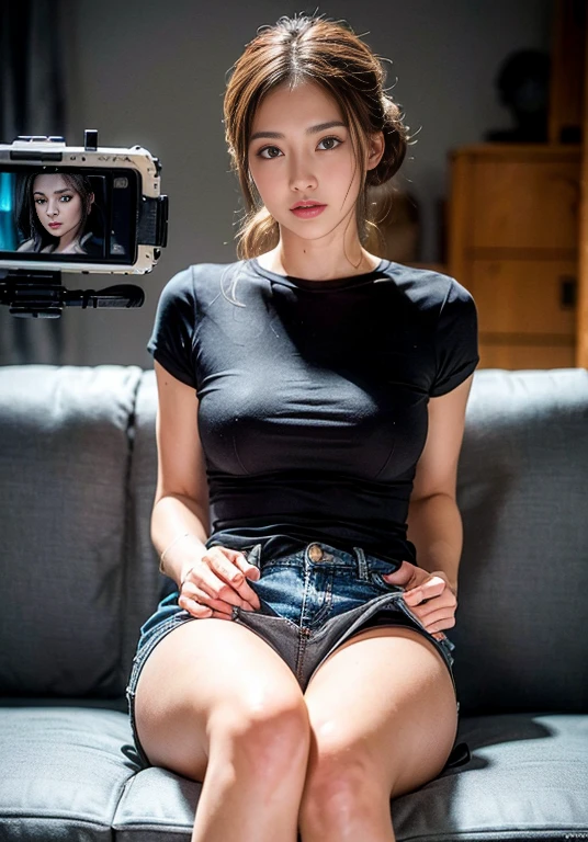 A boldly composed photograph of a Japanese woman that looks like it was taken by a famous artistic photographer, (((Blockbuster art photography)), (8k, Highest quality). A stunning composition using a model with excellent proportions. Perfect beauty model with a confident and balanced appearance, ((Highest quality質)), ((masterpiece)), (Familiar:1.4), ((Highest quality質のリアルな写真)), ((Shot with Hasselblad)), ((Best photo quality)), Beautiful womanの画像,Super Resolution,Slim and perfectly proportioned, Beautiful woman, ((Highest quality質, 8k, masterpiece: 1.3)), Beautiful woman, 1 female, Slim figure: 1.1, Perfect beauty, 20-year-old, (Realistic: 1.4), Ahegao, Shining Sweat, thin, Art photo composition with space around the woman, See through, (((Filming in a spacious studio))), (((The background is only gray and there is nothing.))), Full body photo, Anatomically correct hand, Anatomically correct legs, anatomically correct whole body, Marble room, White T-shirt and hot pants. Cowboy Shot, (((Holding your crotch with your hand))). (((Sitting on the sofa facing forward))), Spread your legs,