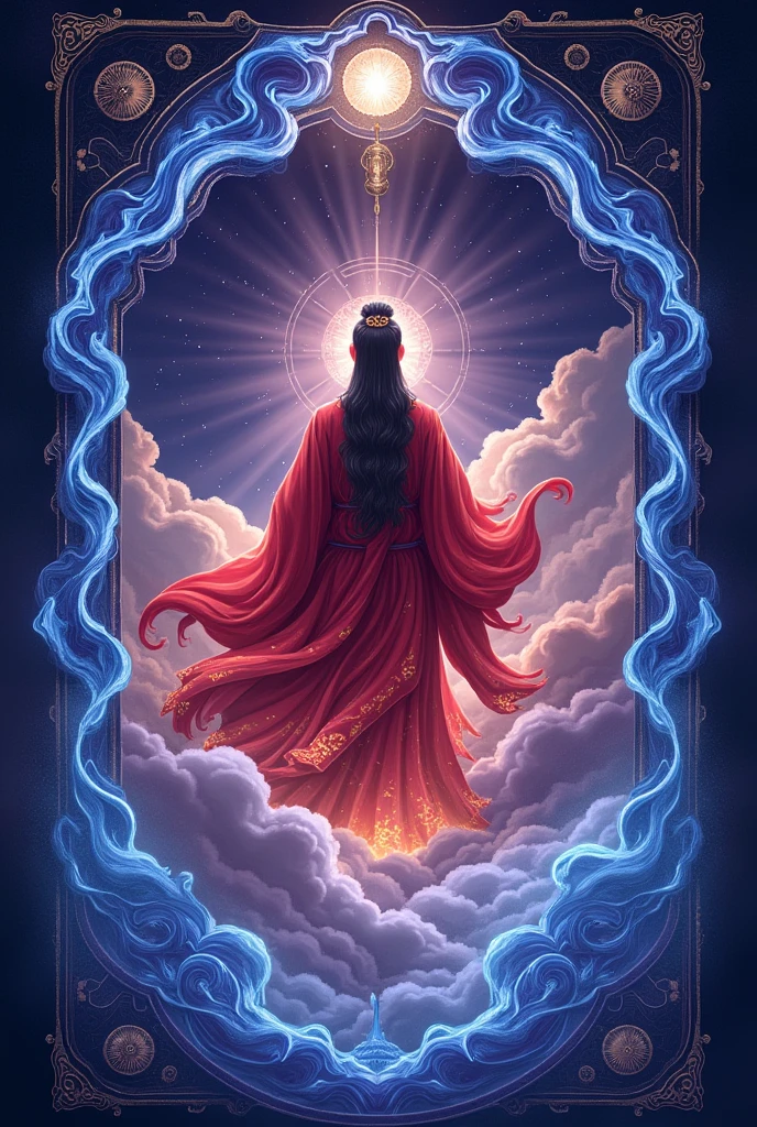 the card background is a deep dark purple，The scene needs to be symmetrical，2D image，As if hiding endless mysterious powers。the Tai Sui Star God seems to be hidden in the clouds，Looming。he wears a flowing, colorful crimson robe。the edge of the card is a circle of flowing blue light，like mysterious energy circulating，With card border，Contains elements of the Heavenly Stems and Earthly Branches and Tai Sui
