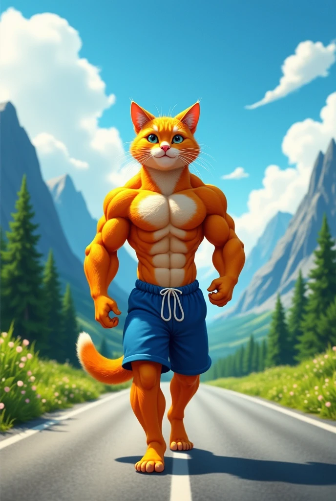 Create an image of an anthropomorphic muscular cat with a cute face and orange fur, wearing blue shorts. The cat is walking on a beautiful, scenic road surrounded by a stunning landscape with lush trees, mountains in the distance, and a bright, clear sky