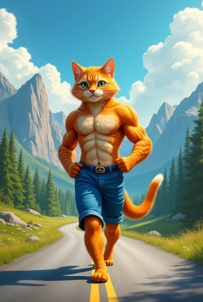 Create an image of an anthropomorphic muscular cat with a cute face and orange fur, wearing blue shorts. The cat is walking on a beautiful, scenic road surrounded by a stunning landscape with lush trees, mountains in the distance, and a bright, clear sky