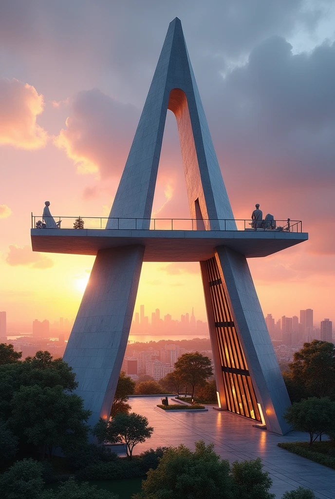 modern A-shaped building, with a large horizontal bar in the middle of the A