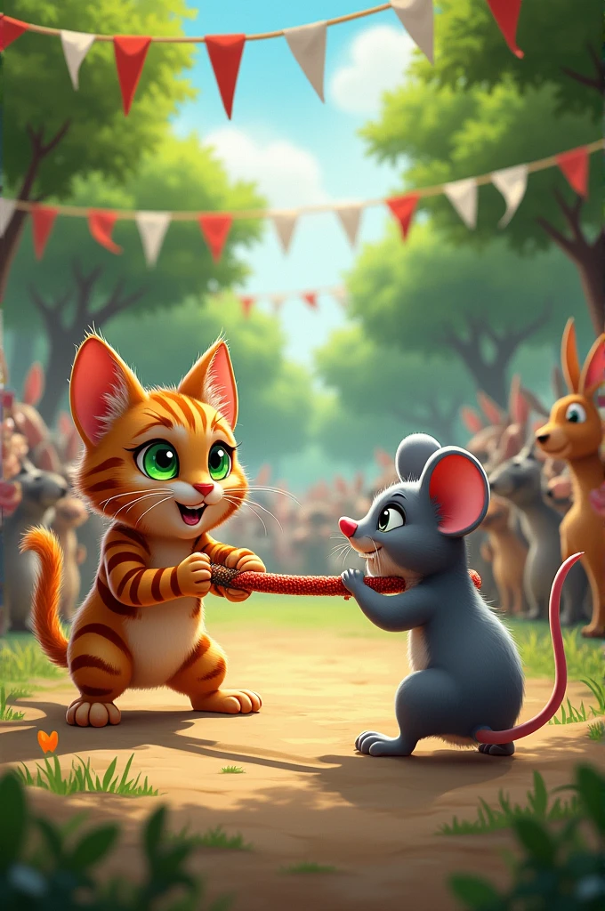 Create a realistic photo of a tug-of-war match between a cat and a mouse. The background is filled with many trees and around the arena there are other animals watching. A joyful atmosphere with red and white flags waving.