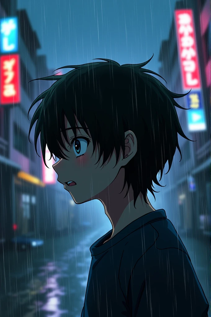 Japanese anime style, A boy with medium-length black hair dying of death under the rain, as his powers slowly weaken 