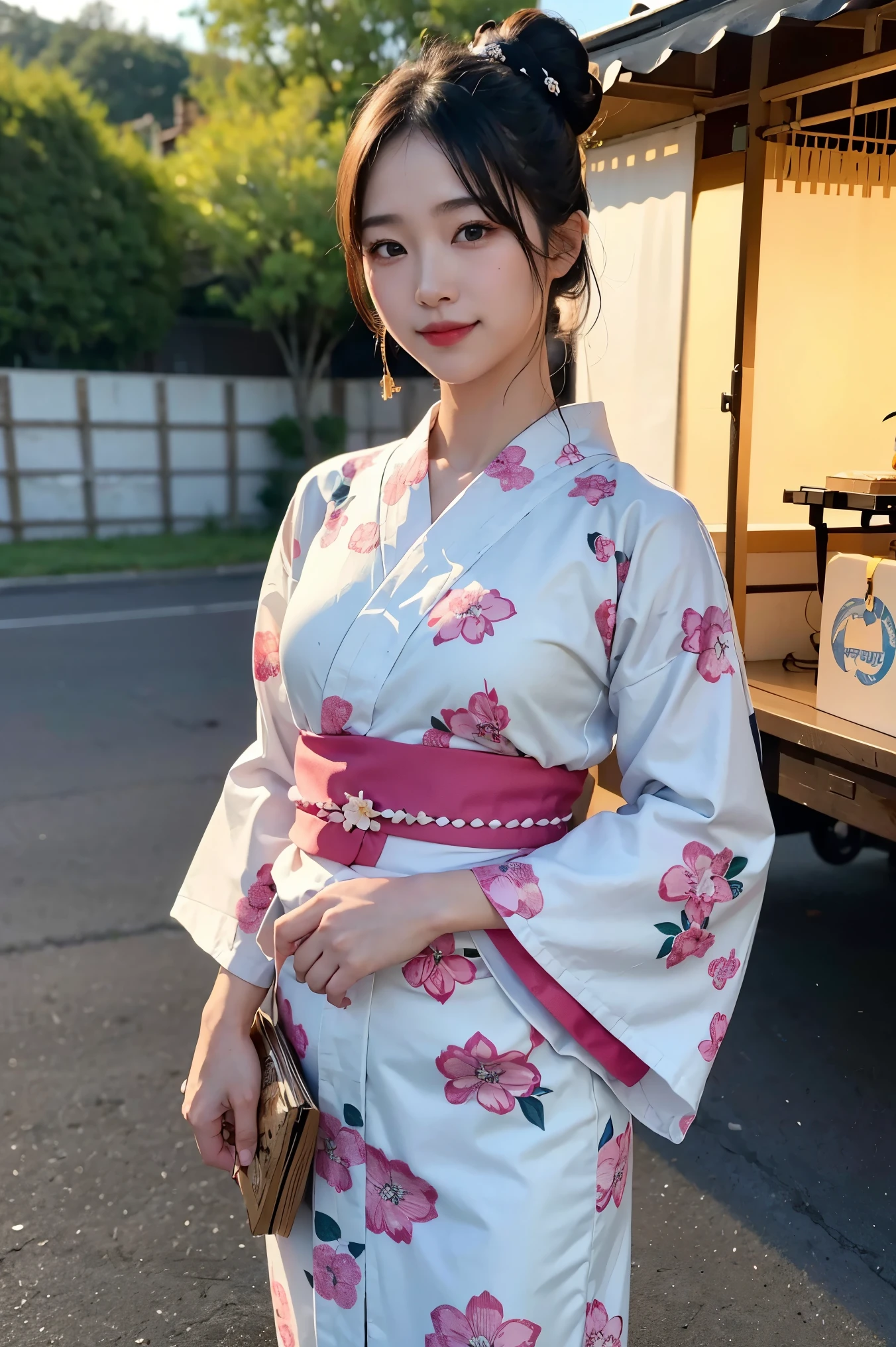1 of、20th Generation、(smile, Happy:1.2)、((Floral Yukata))、band、A delicate depiction of a kimono、Bun Hair、 perfect body、Cowboy Shot, night、((There are many festival stalls lined up on both sides of the road.))、a lot of people、8k, Highest quality, masterpiece, Realistic, Very detailed, Vibrant colors, Professional Lighting, Cinematic, Dramatic lighting, Looking into the camera,