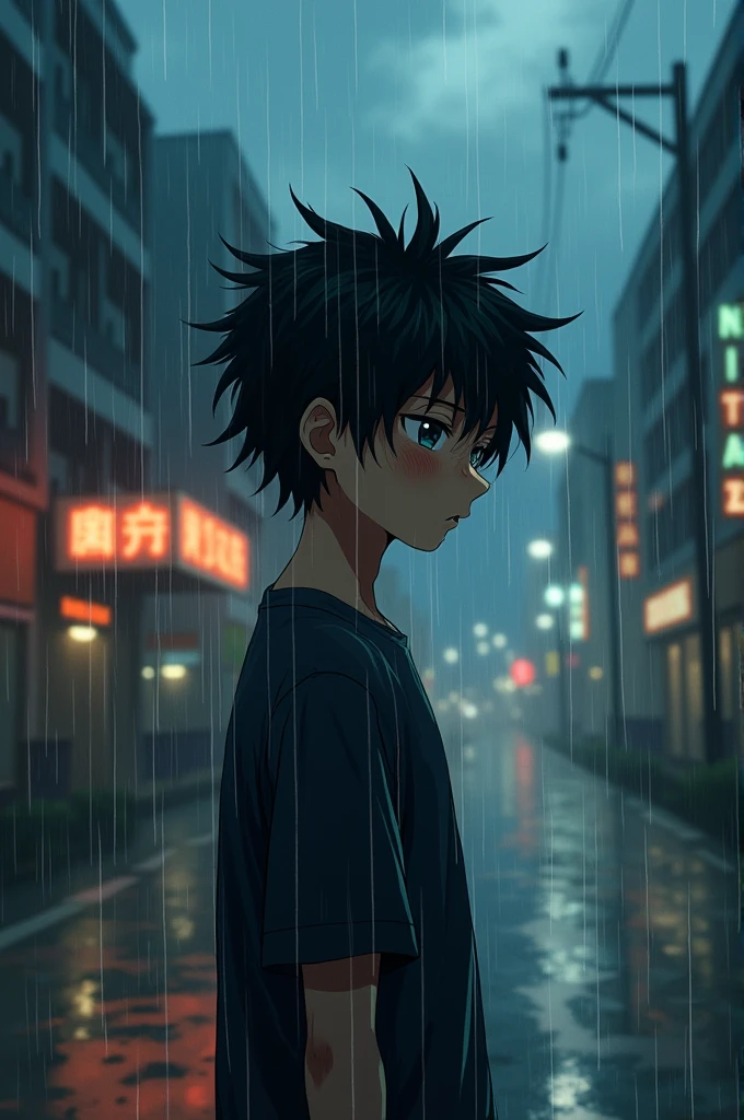 Japanese anime style, A boy with medium-length black hair dying of death under the rain, as his powers slowly weaken 