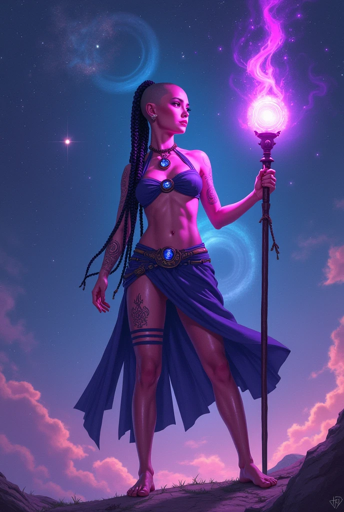 1girl, humanoid, pink skin, shaved with black braids, indigo lantern insignia, striped tattos on thighs, violet scheme, crop top, loincloth, bare feet, holding a long staff, indigo aura, space background, sorcery pose