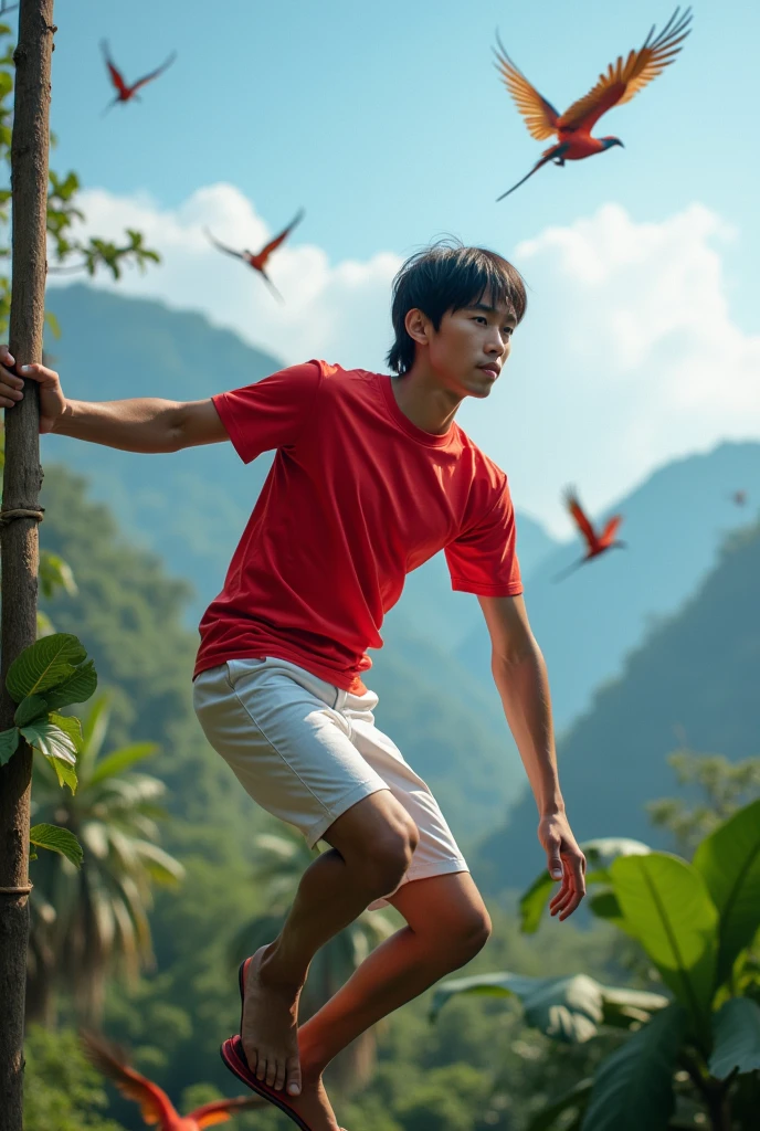 (photorealism: 1.2), young man, areca climbing competition, Indonesian independence day, wearing a red t-shirt, white shorts, straight hair, outdoors, soft lighting, plant and mountain background, lots of birds flying, realistic, intricate details , cool colors.