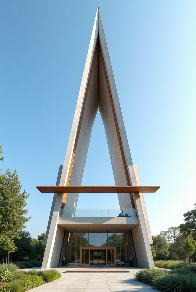 modern A-shaped building, with a thick horizontal bar in the middle of the A, front view
