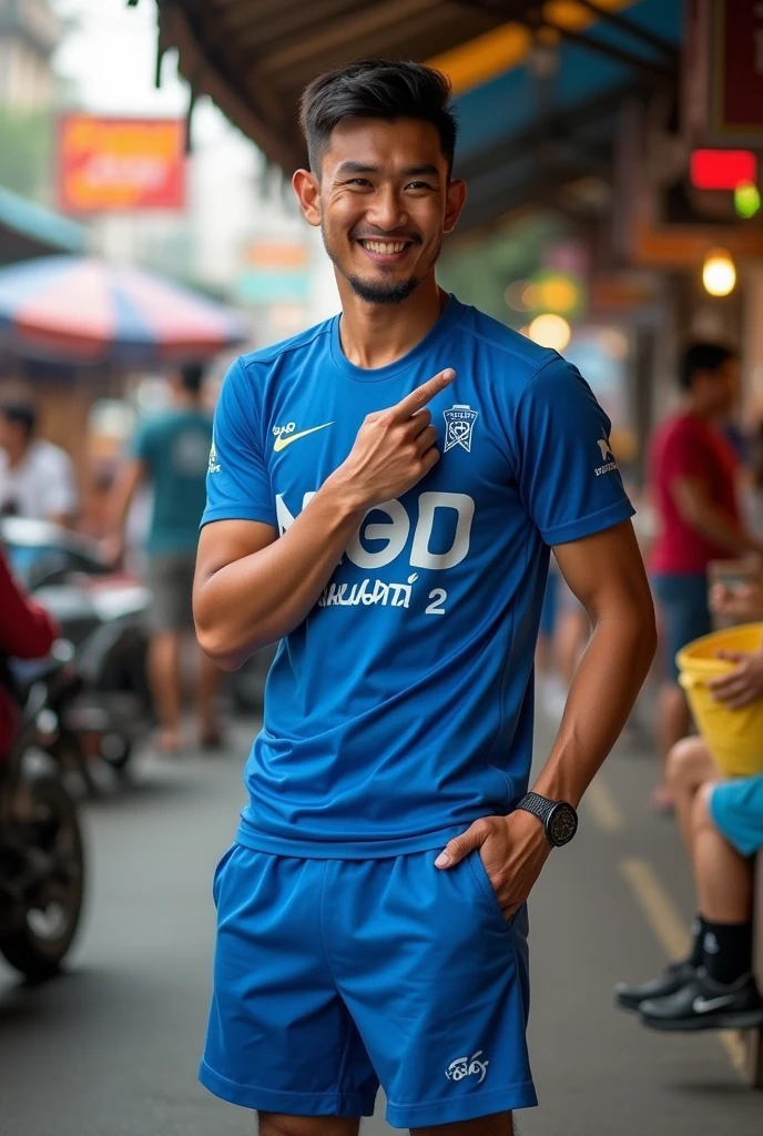 Thai men,Age 27,Blue short-sleeved shirt with NOP The Sego Thailland 2 written on it,Blue shorts,Black Nike shoes,black socks,Making a gesture of pain in the heart,Pointing index finger,Not very fat