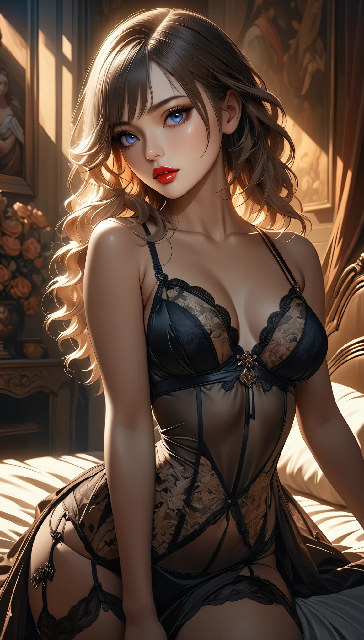 beautiful prostitute on the bed, detailed face, beautiful eyes, luscious lips, luxurious lingerie, sensual pose, chiaroscuro lighting, cinematic composition, warm color palette, renaissance oil painting, dramatic shadows, intricate details, masterpiece, photorealistic, 8k, ultra-detailed