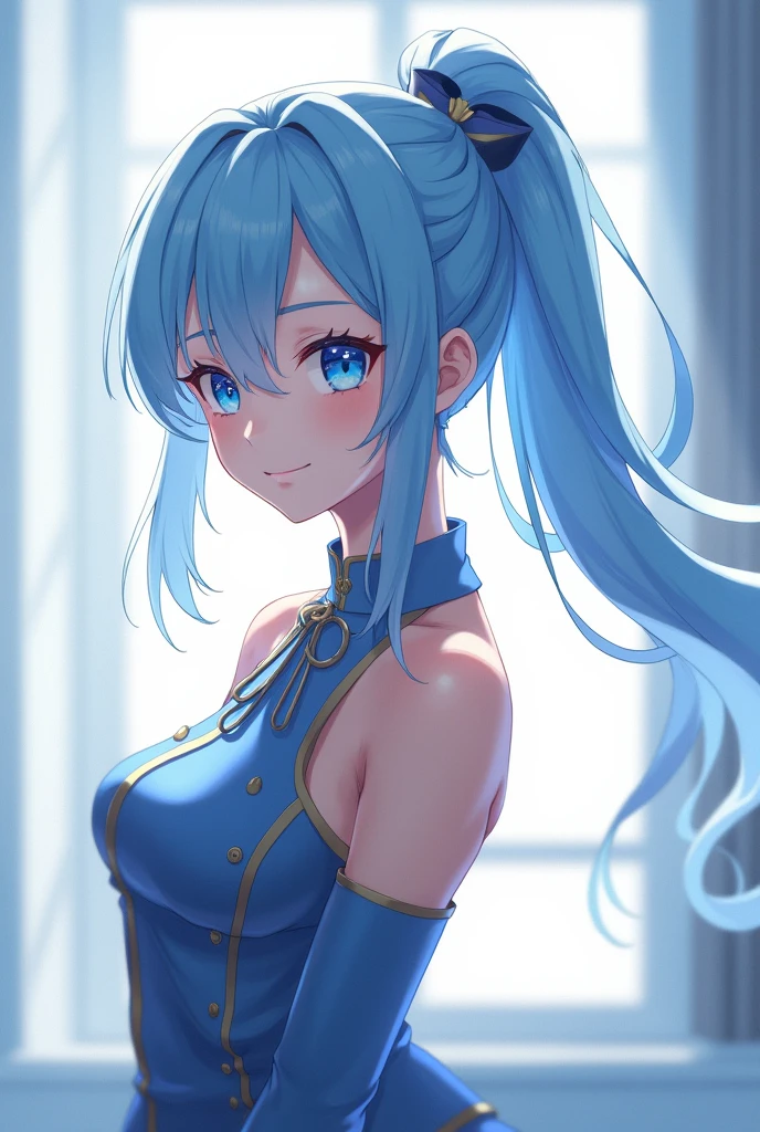 (masterpiece), (Highest quality), (Very detailedな),(Neat hair),(shape), (One person), Japanese,10th Generation,Are standing, smile, Beautiful attention to detail, 明るいblue eyes, Beautiful face in every detail, (kamisato ayaka: 1.2), Focus on the face, ponytail, kamisato ayaka(Genshin Impact), Light blue hair, Detailed Hair, bangs, Best lighting, Best Shadow, Very detailed, Vibrant,chest, blue eyes,
