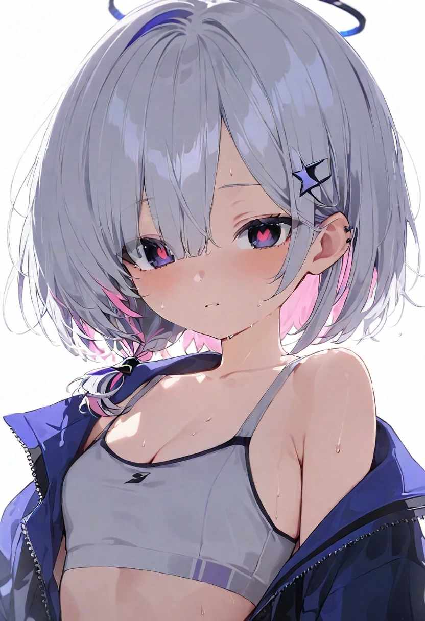 (muste piece), (best quality), (score_9, score_8_up, score_7_up), very detailed eyes, expressive eyes, perfect face, very detailed face, highly detailed face, beautiful girl, 8K, beautiful girl, white background, delicate and beautiful face and eyes, dark intense shadow,
1girl, vtuber style, tomboy, hololive, vtuber, amane kanata, multicolored hair, grey hair, purple eyes, sharp eyes, short hair, low ponytail, Casual clothes, small chest, soft chest, cleavage, clavicle, sport bra, sweating, (upper body),