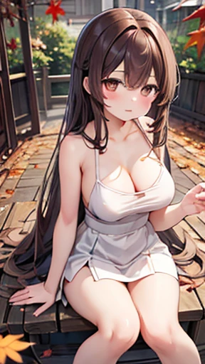 there is nothing、masterpiece、Brown Hair、I、For women、high school girl、garden、autumn leaves、Sit on、Detailed Background、Detailed eyes、((Brown eyes)),Beautiful and perfect legs, Clean and perfect hands,Large Breasts