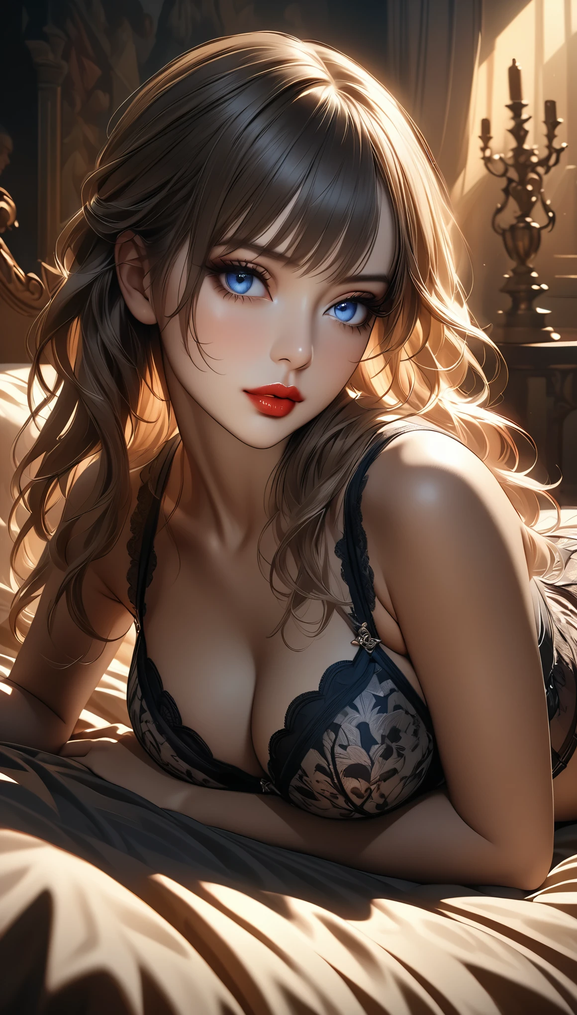 beautiful prostitute on the bed, detailed face, beautiful eyes, luscious lips, luxurious lingerie, sensual pose, chiaroscuro lighting, cinematic composition, warm color palette, renaissance oil painting, dramatic shadows, intricate details, masterpiece, photorealistic, 8k, ultra-detailed