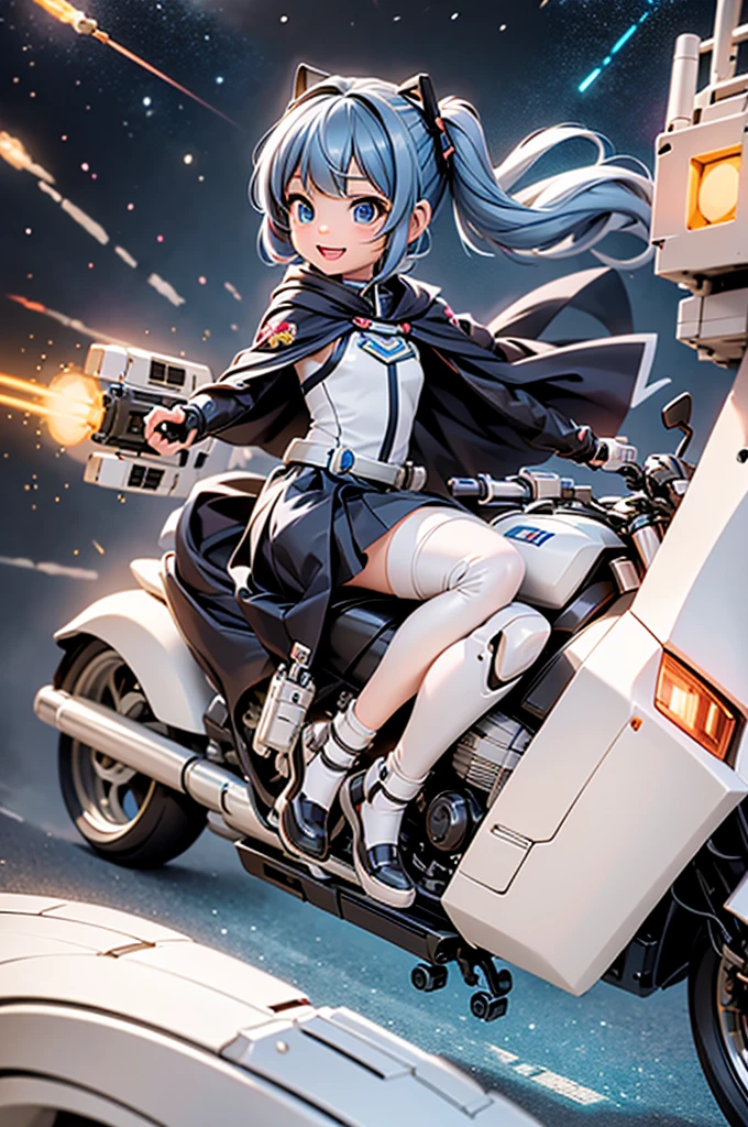 masterpiece, best quality, a cute girl, intergalactic hero, Open Mouth Smile、science fiction, riding a mecha, (action:1.2), cloak, (gatling gun:1.2), glowing, sci-fi environment ,