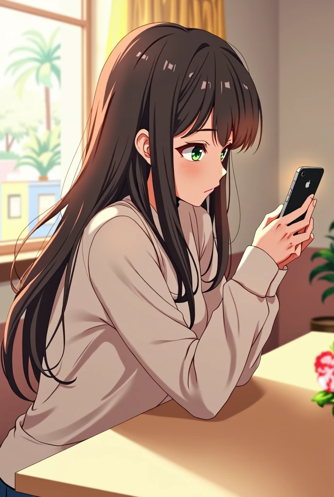 20 year old female cute room table(beige)There is an iPhone on the table. A woman is looking at the iPhone on the table. Profile view. She is leaning against the table. She has long hair. She is Japanese. Manga-style. Beautifully detailed.