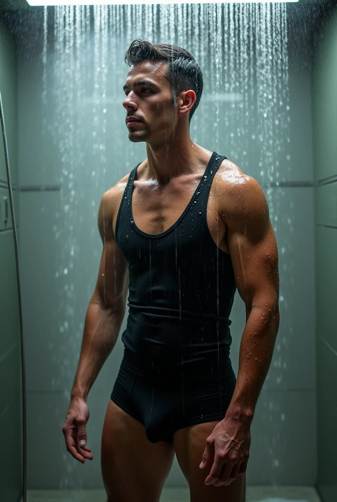 A man bathing togather in shower 🚿🚿🚿🚿 make very very very very water droplet effect on man body and were black tank top under vest and were black trunk underwear  and were  black tank top undervest 