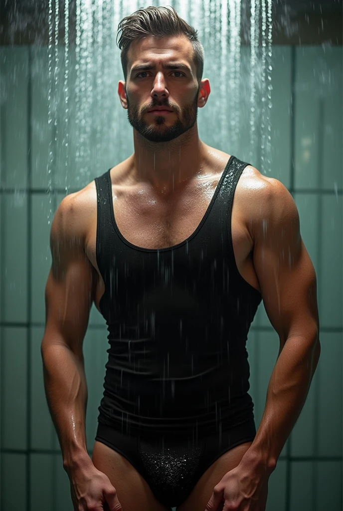 A man bathing togather in shower 🚿🚿🚿🚿 make very very very very water droplet effect on man body and were black tank top under vest and were black trunk underwear  and were  black tank top undervest 