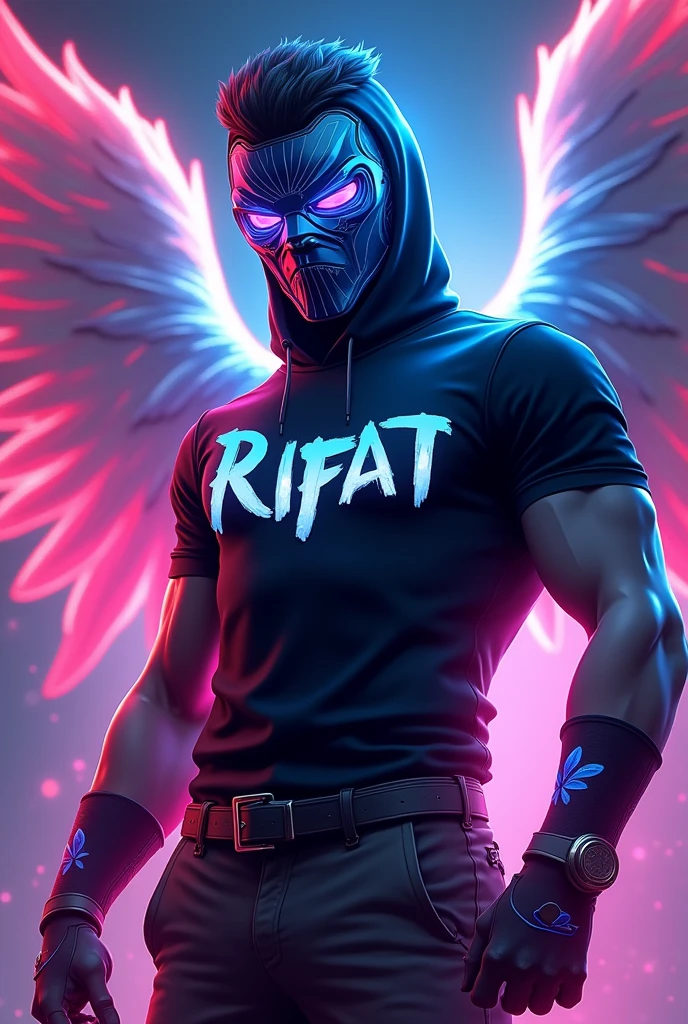 creating free fire gaming logo with Arthik blue hate mask death bite mask bkack and yellow colour combination mask black t-shirt pant white angelic pant and shoe black shoe gaming Logon name is Rifat