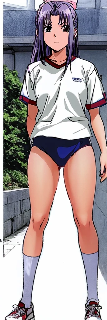 Momoko Koigakubo, a tall girl with beautiful legs, is standing with her legs spread to the side in a white gym uniform and light navy blue bloomers that look like panties.。