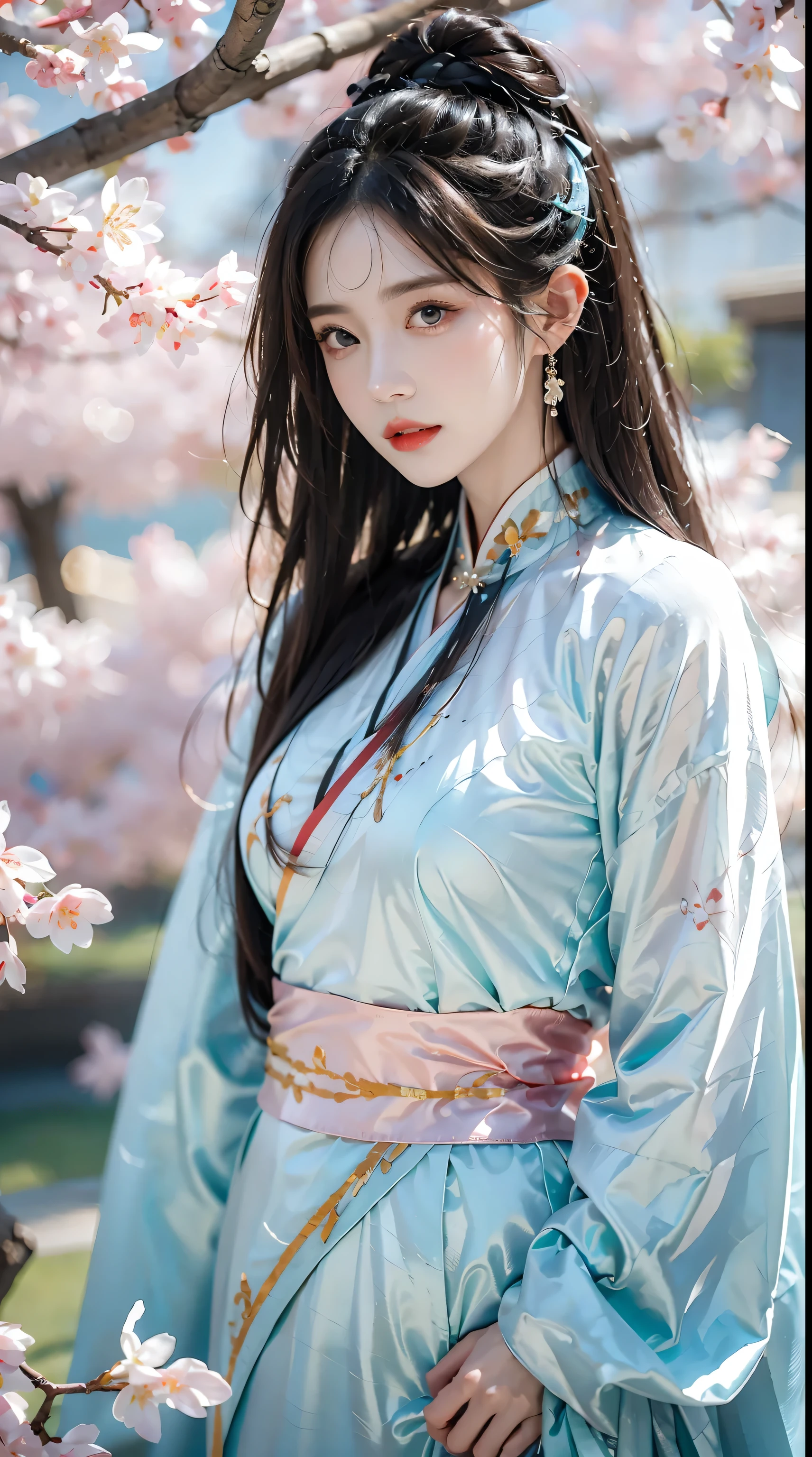 photorealistic, high resolution, 1women, shining skin, solo, jewelry, pink lips, long hair, blue eyes, closed mouth, hips up, hanfu, cherry blossoms