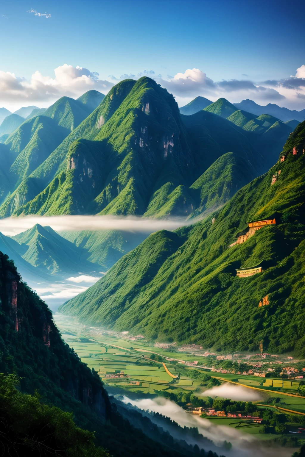 A digital art landscape of China's misty and secluded mountains and valleys