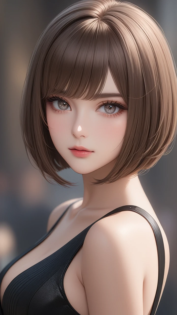 Highest quality　masterpiece　High resolution　masterpiece　Brown Bob　　Grey Eyes　blunt cut