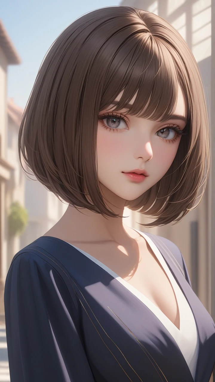 Highest quality　masterpiece　High resolution　masterpiece　Brown Bob　　Grey Eyes　blunt cut