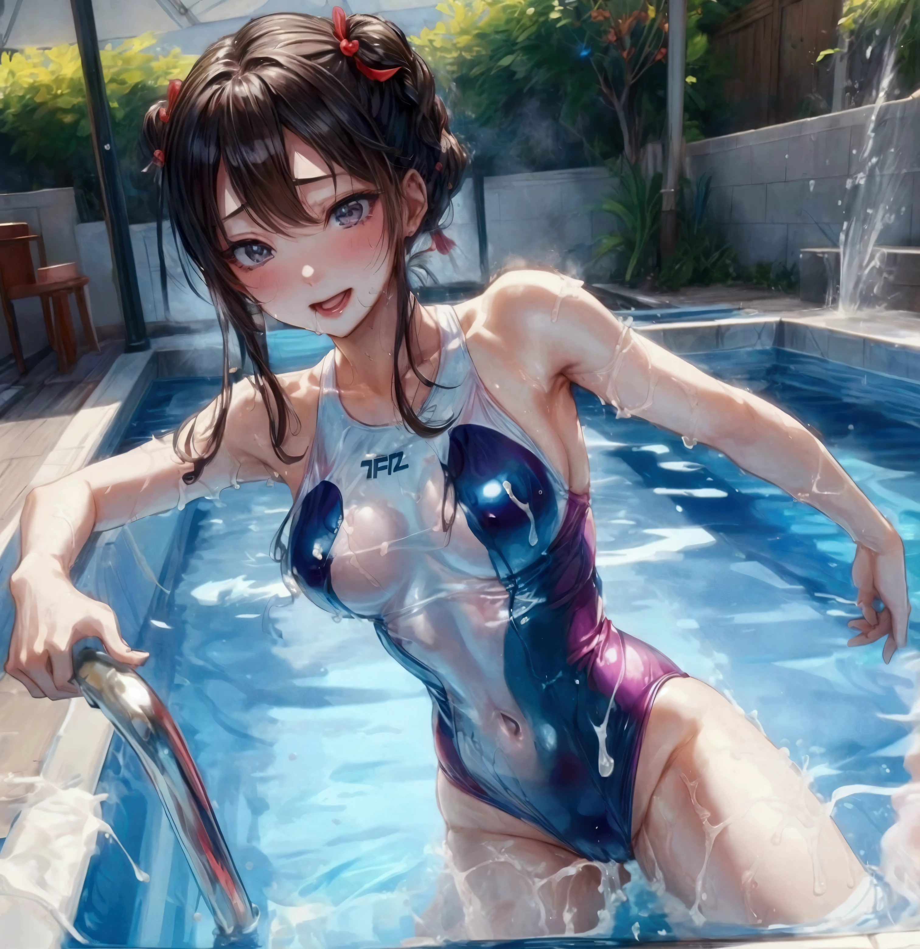 NSFW、swimming pool、Seen by everyone、Woman with erect penis pointing upwards ejaculating into groin、One piece swimsuit、Masturbation and  from penis、Ecstasy face、Ecstasy、Highest quality、Beautiful Face、、Squirting、