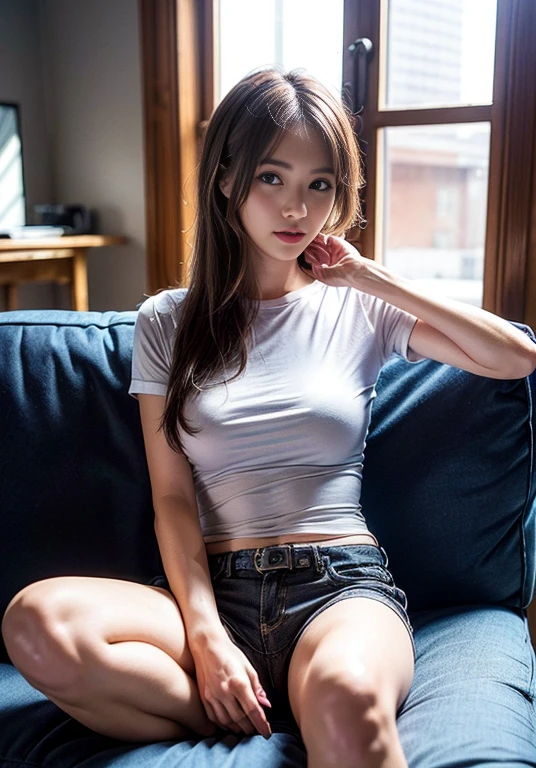 A boldly composed photograph of a Japanese woman that looks like it was taken by a famous artistic photographer, (((Blockbuster art photography)), (8k, Highest quality). A stunning composition using a model with excellent proportions. Perfect beauty model with a confident and balanced appearance, ((Highest quality質)), ((masterpiece)), (Familiar:1.4), ((Highest quality質のリアルな写真)), ((Shot with Hasselblad)), ((Best photo quality)), Beautiful womanの画像,Super Resolution,Slim and perfectly proportioned, Beautiful woman, ((Highest quality質, 8k, masterpiece: 1.3)), Beautiful woman, 1 female, Slim figure: 1.1, Perfect beauty, 20-year-old, (Realistic: 1.4), Ahegao, Shining Sweat, thin, Art photo composition with space around the woman, See through, (((Filming in a spacious studio))), (((The background is only gray and there is nothing.))), Full body photo, Anatomically correct hand, Anatomically correct legs, anatomically correct whole body, Marble room,　White T-shirt and hot pants. Cowboy Shot, (((Holding your crotch with your hand))). (((Sitting on the sofa facing forward))), Spread your legs, 