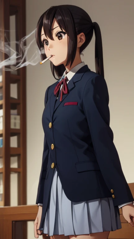 azusanakano, azusa nakano, black hair, (brown eyes:1.5), long hair, twintails,
BREAK sakuragaoka high school uniform, school uniform, uniform, blazer, shirt, white shirt, collared shirt, skirt, pleated skirt,
BREAK indoors, classroom,
BREAK looking at viewer, (cowboy shot:1.5),
BREAK (masterpiece:1.2), best quality, high resolution, unity 8k wallpaper, (illustration:0.8), (beautiful detailed eyes:1.6), extremely detailed face, perfect lighting, extremely detailed CG, (perfect hands, perfect anatomy),(Smoking: 1.5), 1 cigarette, cigarette smoke, displeased expression, glaring at me