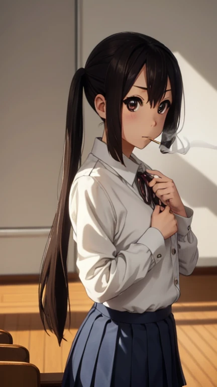 azusanakano, azusa nakano, black hair, (brown eyes:1.5), long hair, twintails,
BREAK sakuragaoka high school uniform, school uniform, uniform, blazer, shirt, white shirt, collared shirt, skirt, pleated skirt,
BREAK indoors, classroom,
BREAK looking at viewer, (cowboy shot:1.5),
BREAK (masterpiece:1.2), best quality, high resolution, unity 8k wallpaper, (illustration:0.8), (beautiful detailed eyes:1.6), extremely detailed face, perfect lighting, extremely detailed CG, (perfect hands, perfect anatomy),(Smoking: 1.5), 1 cigarette, cigarette smoke, displeased expression, glaring at me