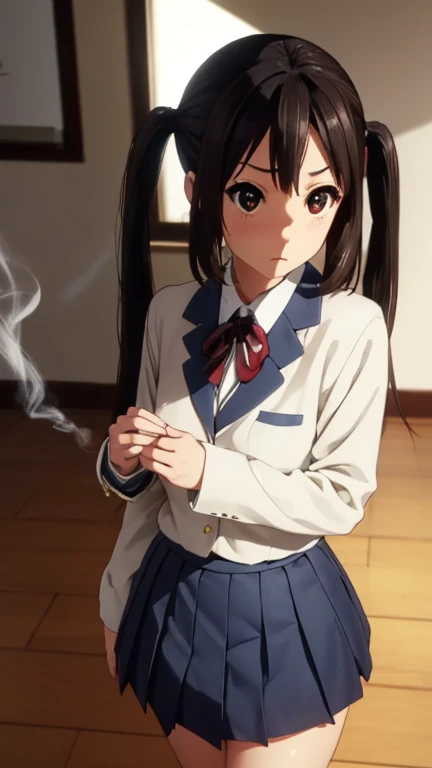 azusanakano, azusa nakano, black hair, (brown eyes:1.5), long hair, twintails,
BREAK sakuragaoka high school uniform, school uniform, uniform, blazer, shirt, white shirt, collared shirt, skirt, pleated skirt,
BREAK indoors, classroom,
BREAK looking at viewer, (cowboy shot:1.5),
BREAK (masterpiece:1.2), best quality, high resolution, unity 8k wallpaper, (illustration:0.8), (beautiful detailed eyes:1.6), extremely detailed face, perfect lighting, extremely detailed CG, (perfect hands, perfect anatomy),(Smoking: 1.5), 1 cigarette, cigarette smoke, displeased expression, glaring at me