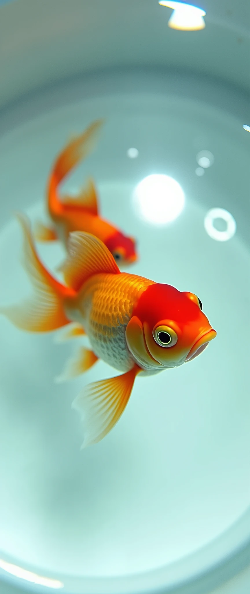 (masterpiece:1.2,Distinguished Quality,Mirror-like,Cinematic Experience),8k,wallpaper,(A pond with a white bottom photographed from above:2.0),(A clear depiction of an aquarium with the surface reflection removed:2.0),(Two beautiful goldfish are swimming),Cool looking photo