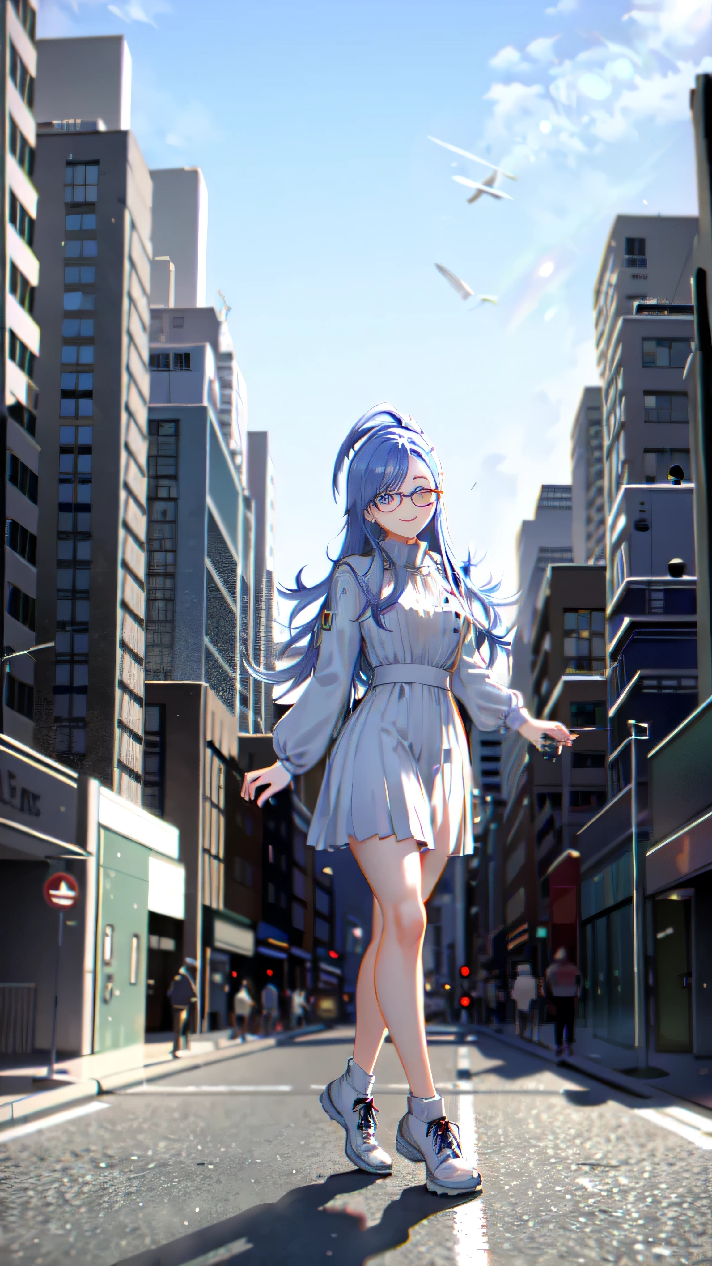 Smile, use black glasses, walk, street background