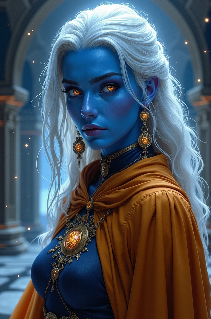 Fantasy Art, dnd art, role-playing art, wide shot drkfntasy, (masterpiece: 1.4) ,intense details, Very detailed, photorealistic, Best Quality, High resolution, glowing particle Portrait of a vedalken female (Fantasy Art, masterpiece, Best Quality: 1.3) (blue skin: 1.5), intense details facial details, exquisite beauty, (Fantasy Art, masterpiece, Best Quality)cleric, (blue skin: 1.5) black skin female, (white hair: 1.3), by the wide, intense golden eye, Fantasy Art, masterpiece, Best Quality) armed with a fire blue sword, using heavy (white: 1.3) half plate chainmail armor CM-Beautiful_armor with high-heeled laced boots, Using a(orange :1.3) Cloak, Wearing a bright sacred symbol. sparkly earrings, inside the fantasy temple background, reflected light, High details, Best Quality, 16k, [ultra detailed], masterpiece, Best Quality, (extremely detailed), close up, ultra wide shot, photorealistic, raw, Fantasy Art, dnd art, Fantasy Art, realistic art,