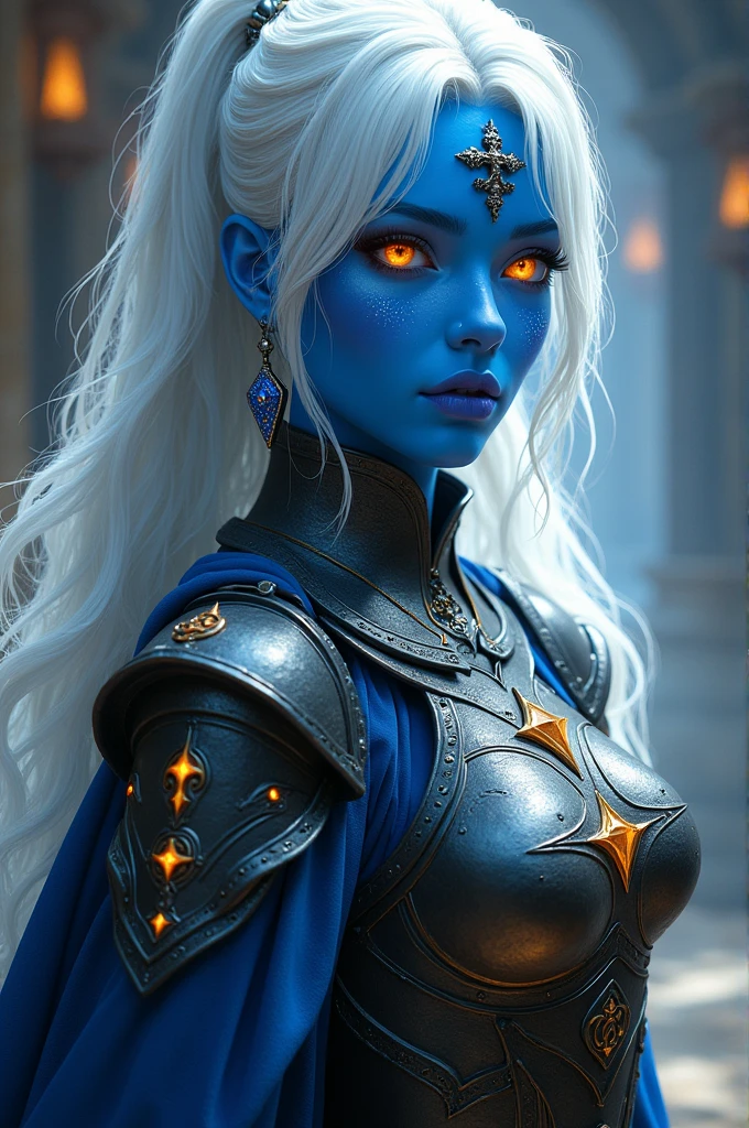 Fantasy Art, dnd art, role-playing art, wide shot drkfntasy, (masterpiece: 1.4) ,intense details, Very detailed, photorealistic, Best Quality, High resolution, glowing particle Portrait of a vedalken female (Fantasy Art, masterpiece, Best Quality: 1.3) (blue skin: 1.5), intense details facial details, exquisite beauty, (Fantasy Art, masterpiece, Best Quality)cleric, (blue skin: 1.5) black skin female, (white hair: 1.3), by the wide, intense golden eye, Fantasy Art, masterpiece, Best Quality) armed with a fire blue sword, using heavy (white: 1.3) half plate chainmail armor CM-Beautiful_armor with high-heeled laced boots, Using a(orange :1.3) Cloak, Wearing a bright sacred symbol. sparkly earrings, inside the fantasy temple background, reflected light, High details, Best Quality, 16k, [ultra detailed], masterpiece, Best Quality, (extremely detailed), close up, ultra wide shot, photorealistic, raw, Fantasy Art, dnd art, Fantasy Art, realistic art,