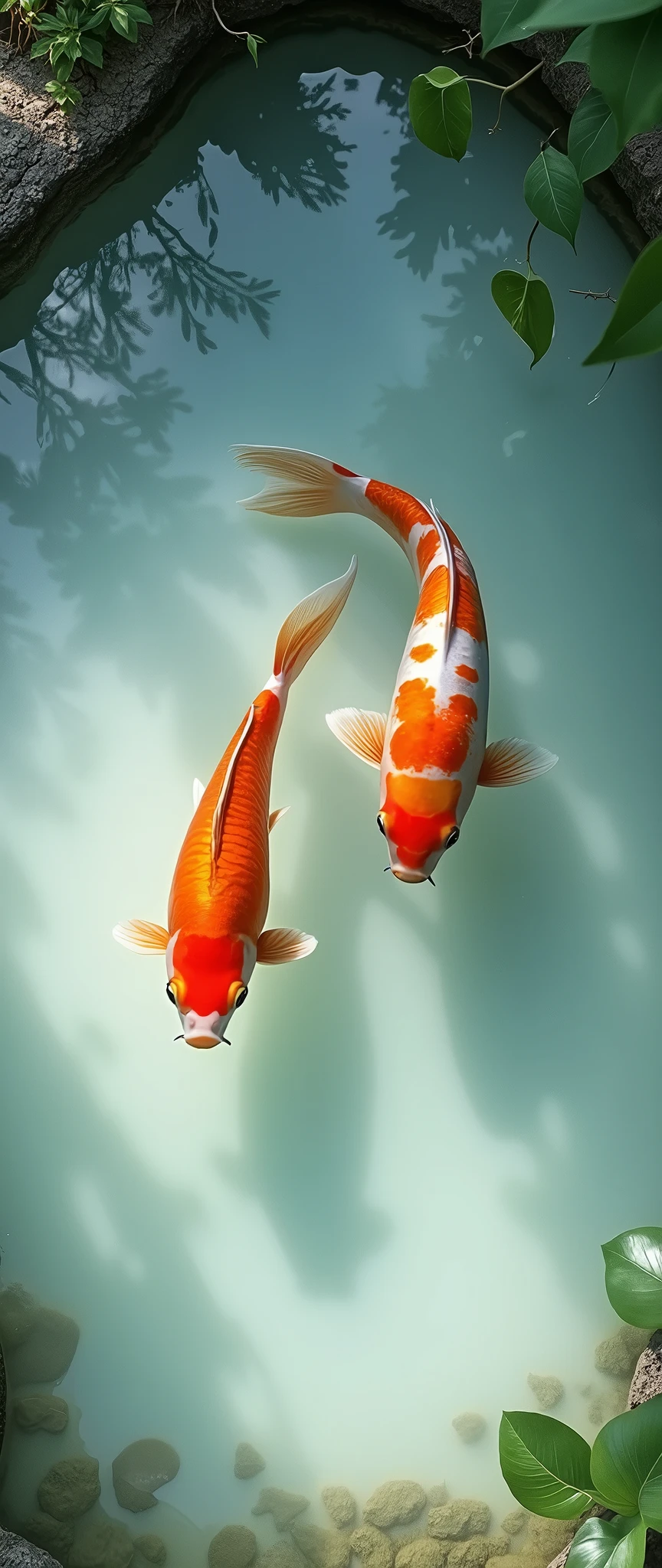 (masterpiece:1.2,Highest quality,Ultra-high resolution,Very detailed,Realistic,Ultra-high resolutionのカメラ),8k,wallpaper,(A pond with a white bottom photographed from above:2.0),(Diffuse reflection of light:2.0),(Two beautiful goldfish are swimming),Cool looking photo
