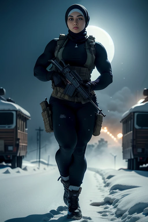 Photorealistic, high resolution, 1 malay woman in hijab, Solo, Hips up, Snow background，view the viewer, (Detailed face), White hijab, SWAT vests, sniper rifle handle, Black military uniform, bulletproof vest, Holding an assault rifle, M16, Inside the city, Very detailed, Perfect face, Black eye, jewelry, (full body view)