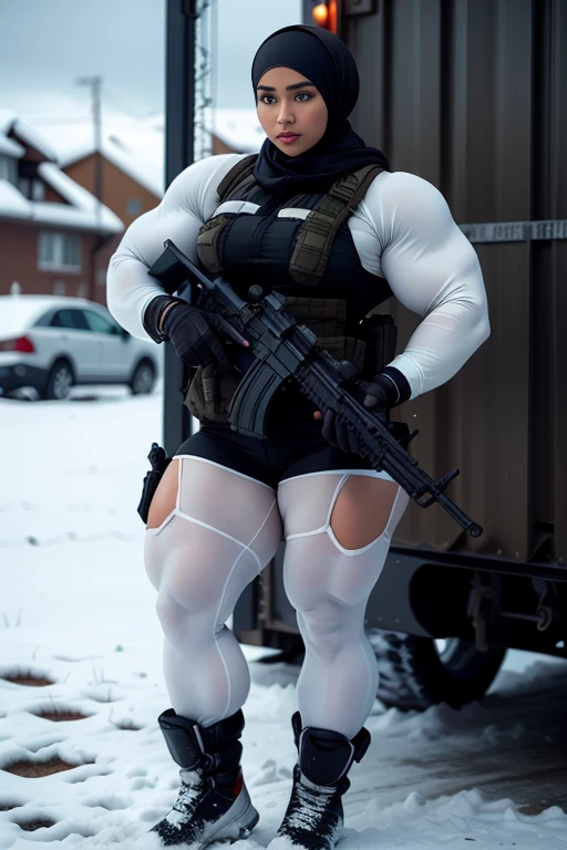 Photorealistic, high resolution, 1 malay woman in hijab, Solo, Hips up, Snow background，view the viewer, (Detailed face), White hijab, SWAT vests, sniper rifle handle, Black military uniform, bulletproof vest, Holding an assault rifle, M16, Inside the city, Very detailed, Perfect face, Black eye, jewelry, (full body view)