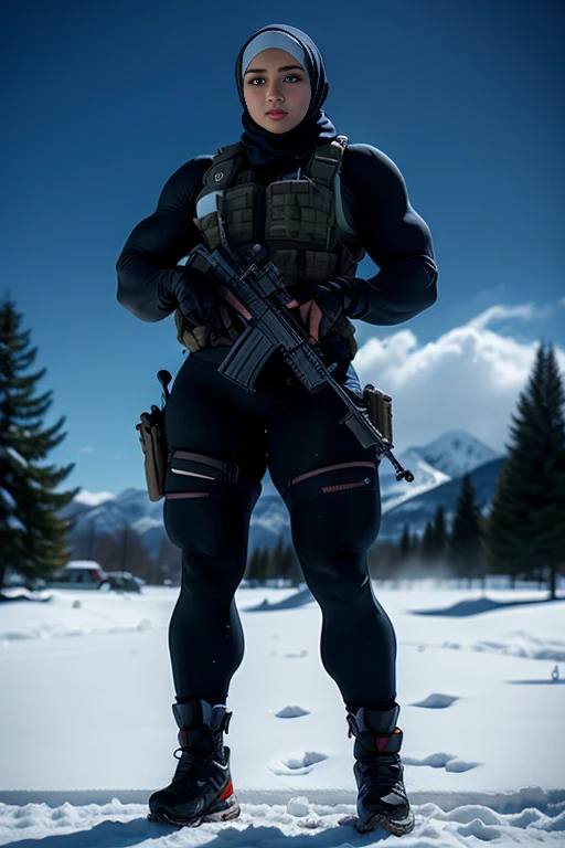 Photorealistic, high resolution, 1 malay woman in hijab, Solo, Hips up, Snow background，view the viewer, (Detailed face), White hijab, SWAT vests, sniper rifle handle, Black military uniform, bulletproof vest, Holding an assault rifle, M16, Inside the city, Very detailed, Perfect face, Black eye, jewelry, (full body view)