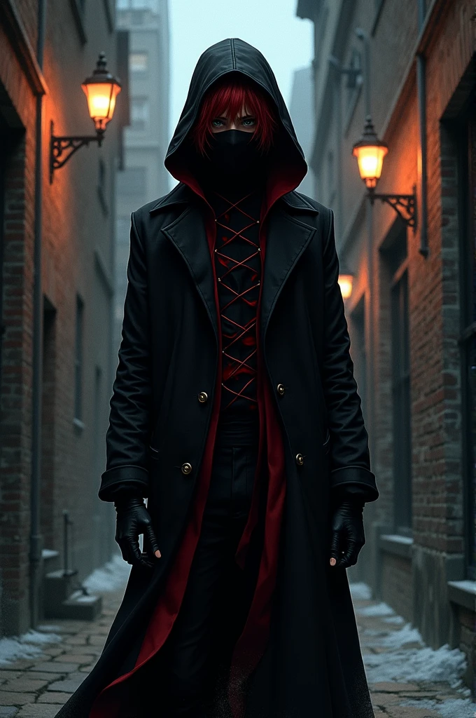 Look for an illustration of an assassin with red hair, a black robe with red lines, wearing assassin clothes, a hood, a black mask, sharp eyes and a threatening aura.a teenage boy ,appear feared by people